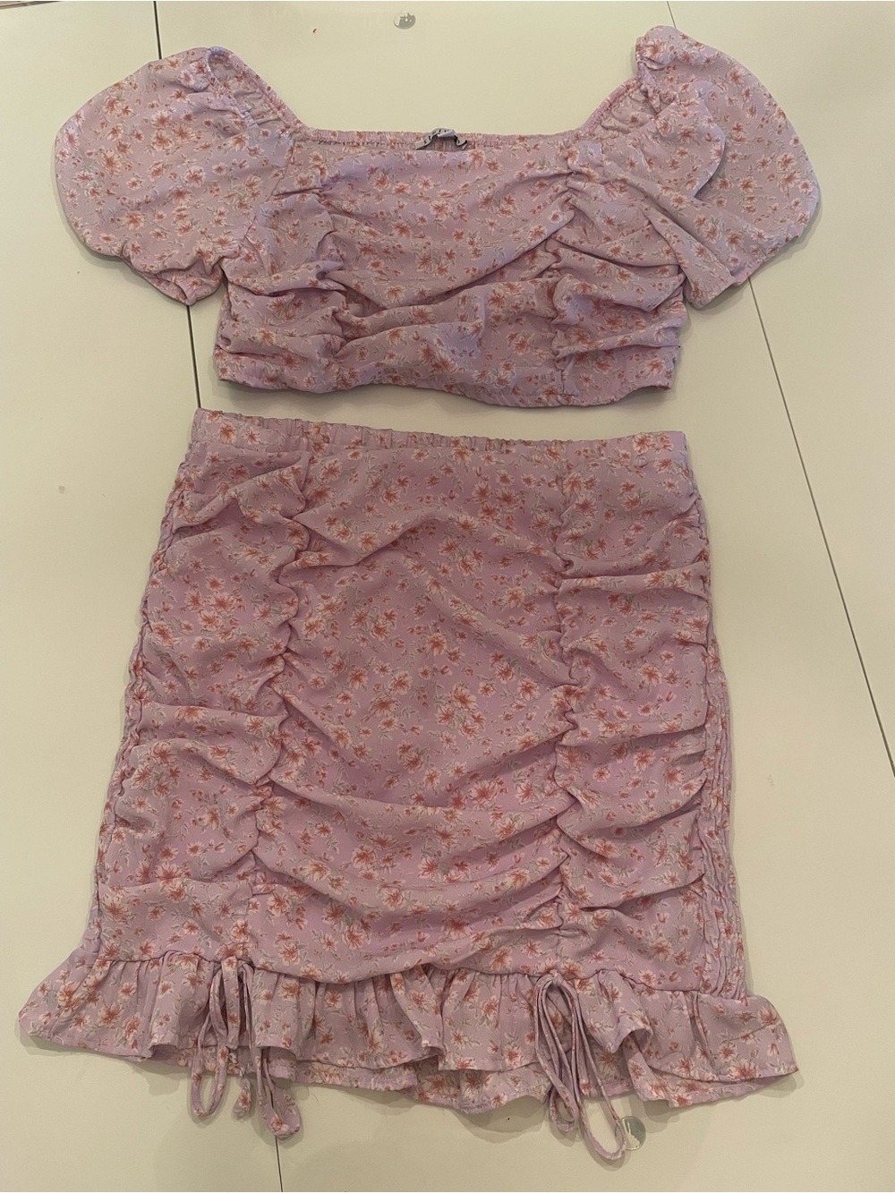 Girls' Lavender Floral Ruched Two-Piece Dress Set